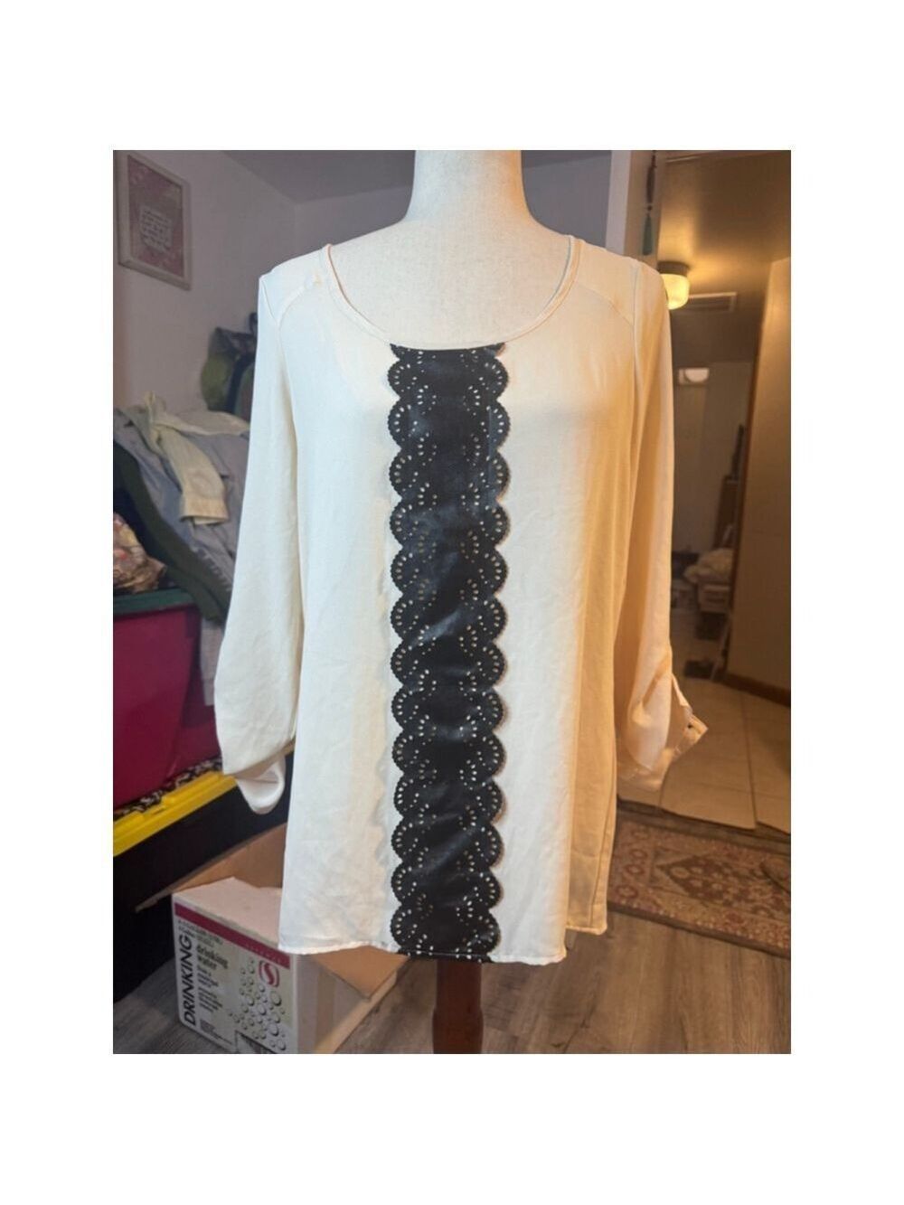 daytrip blouse tan faux leather sz medium silky slinky cream black
